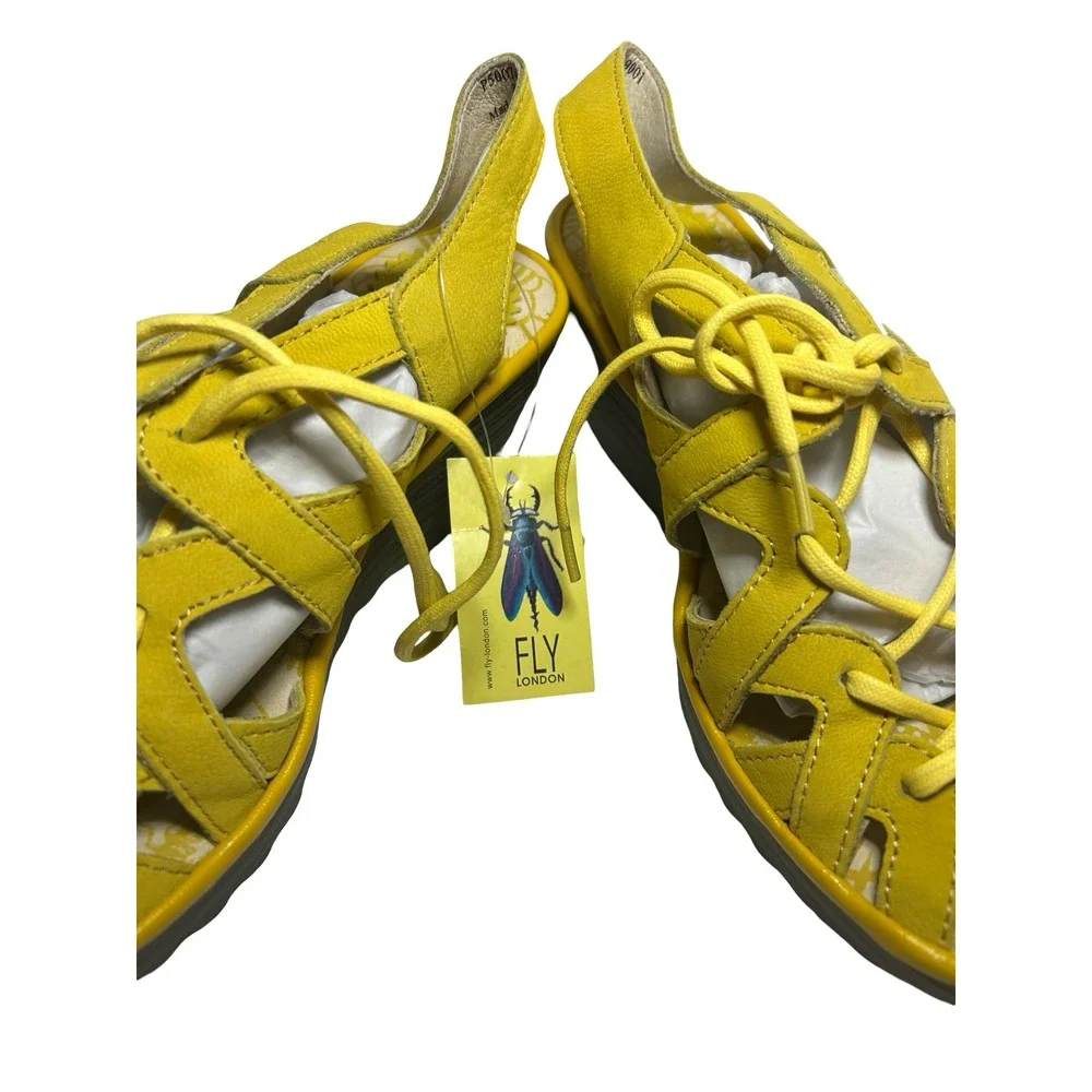 Fly London Yasi Yellow Leather Lace Up Wedge Sandals Womens 37 P500749001